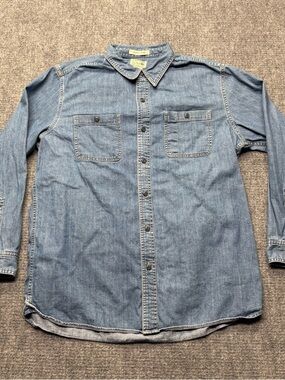 LL Bean Denim Work Shirt Mens L Reg Blue Slightly Fitted 100% Cotton Western